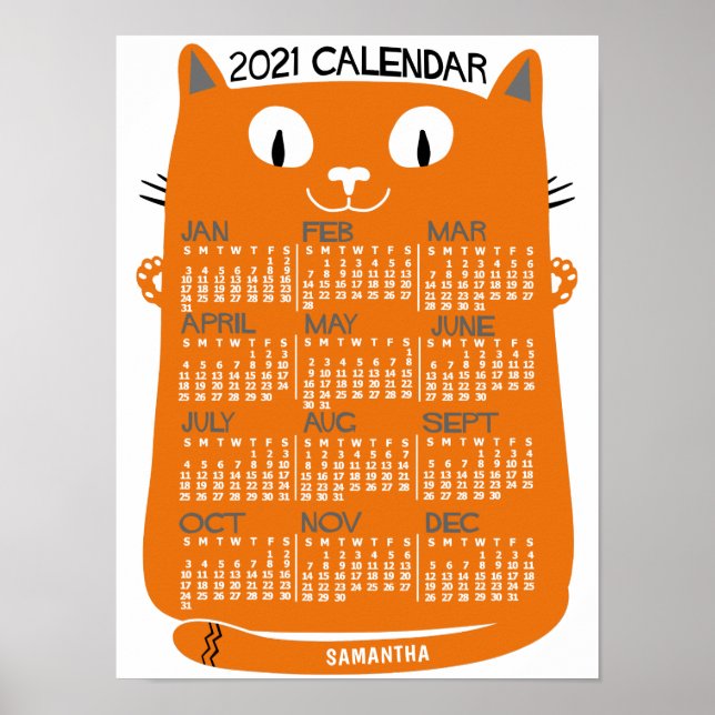 2021 Jahresmonatskalender Mid-Century Orange Katze Poster (Vorne)