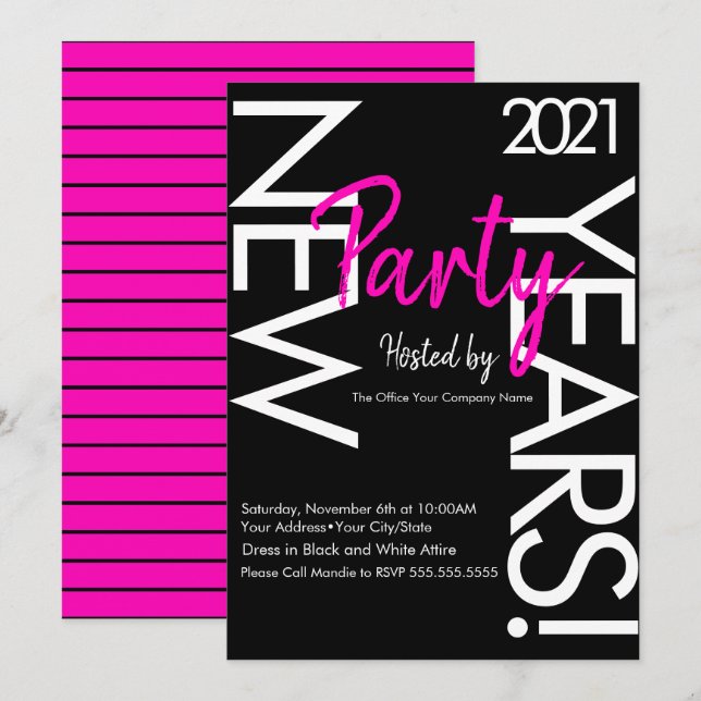 2021 Neon New Years Party Pink White Typografy Einladung (Vorne/Hinten)