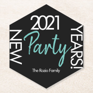 2021 Silvester Weiß Türkis Typografie Party Untersetzer