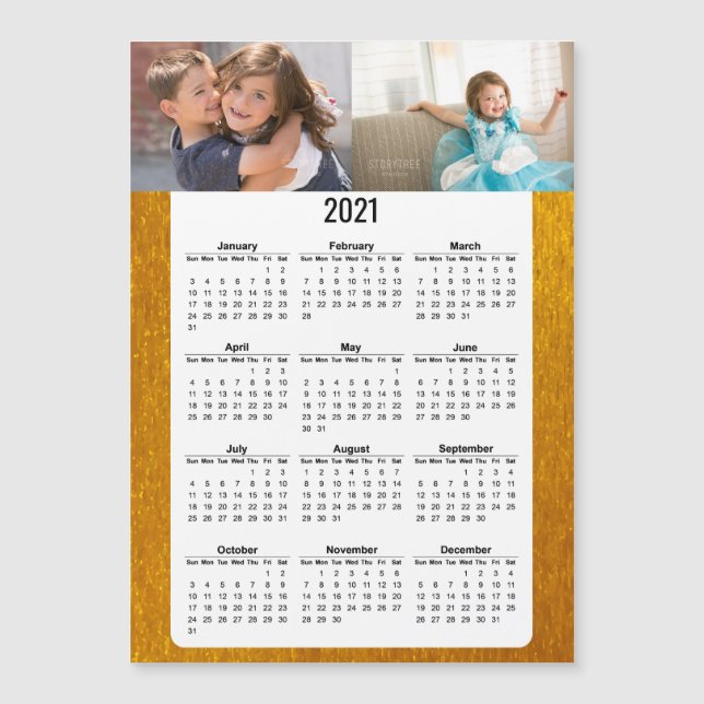 2021 Volljähriger Kalender Zwei Fotos Gold Magneti Magnetkarte (Vorderseite)