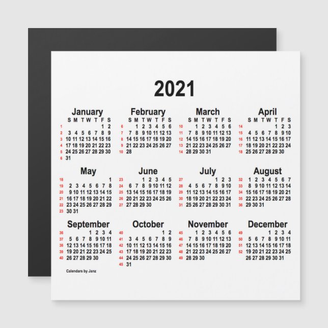 2021 White 52 Weeks Calendar by Janz 5x5 Magnet (Vorne/Hinten)