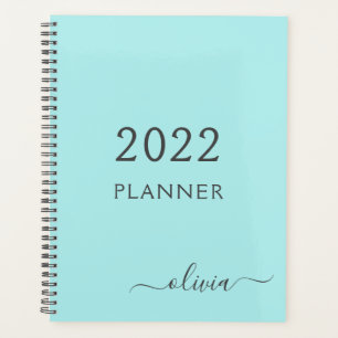 2022 Aqua Blue Aquamarin Girly Script Monogram Nam Planer