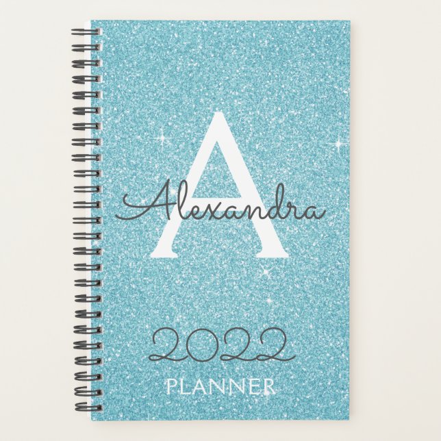 2022 Aquamarines Aqua Blue Glitzer Sparkle Monogra Planer (Vorderseite)