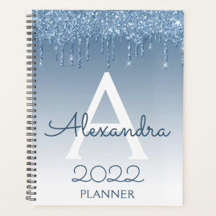 2022 Blue Glitzer Tropfens Sparkle Monogram Planer
