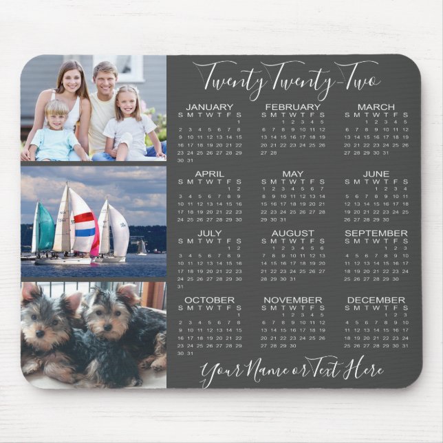 2022 Calendar 3 Photo Collage Stylish Script Gray Mousepad (Vorne)