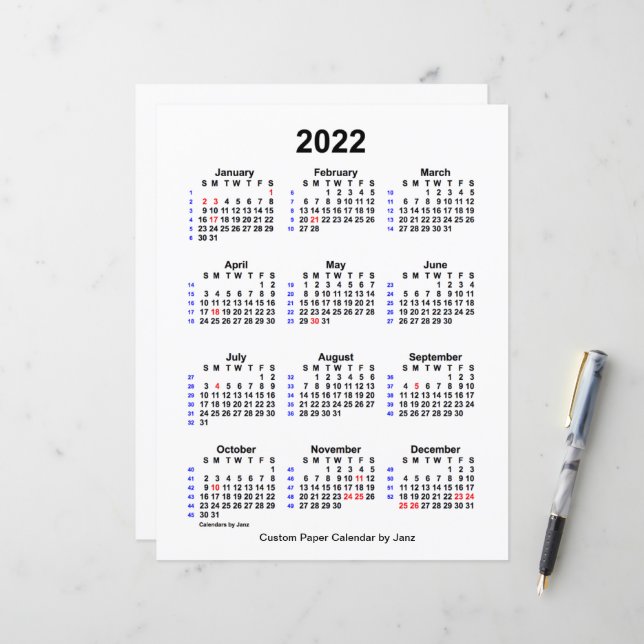 2022 Custom Holiday 52 Week Calendar von Janz (Vorderseite/Rückseite Beispiel)
