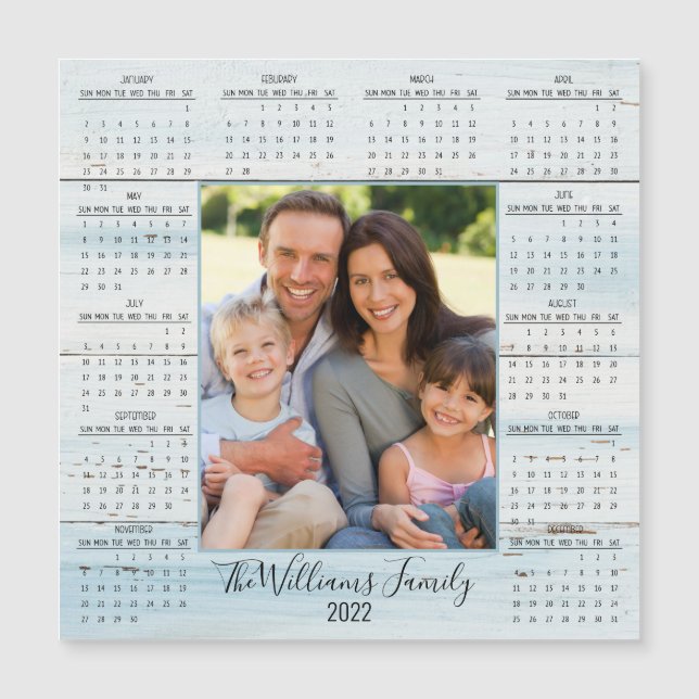 2022 Foto Kalender Blaues Rustikales Holzmagnet Magnetkarte (Vorderseite)