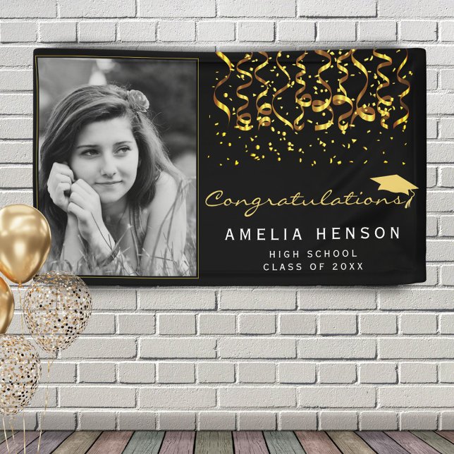 2022 Gold Black Confetti Graduate Foto Banner (Von Creator hochgeladen)