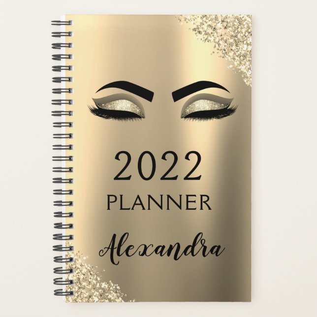 2022 Gold Glitzer Sparkle Eyelashes Monogramm Planer (Vorderseite)