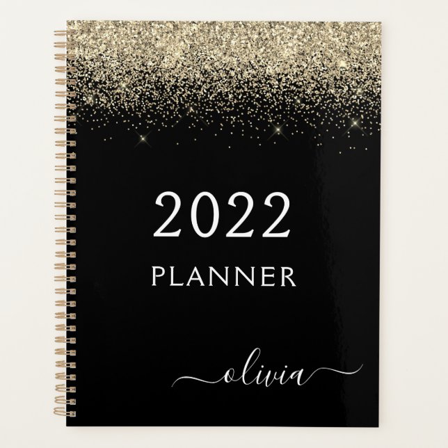2022 Goldschwarzer Glitzer Sparkle Glam Monogram Planer (Vorderseite)