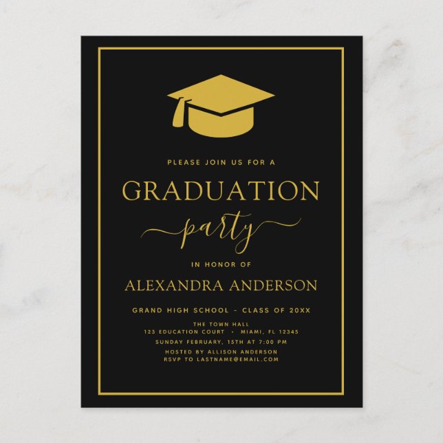 2022 Graduation Party Black Gold Modernes Elegante Postkarte (Vorderseite)
