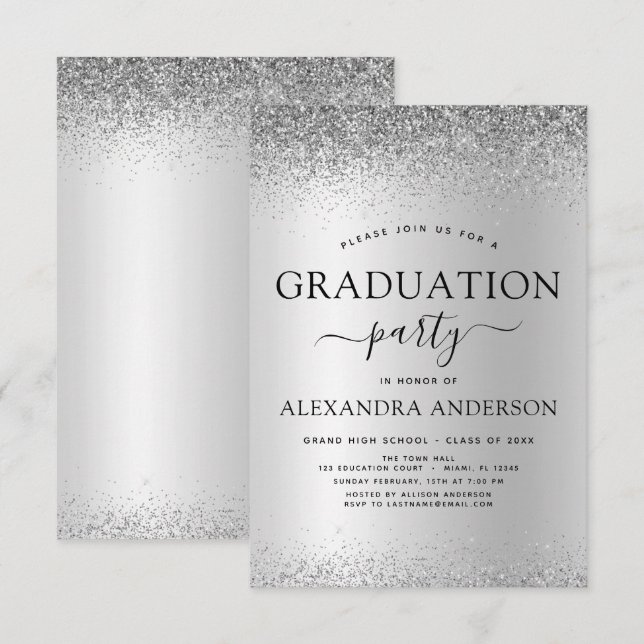 2022 Graduation Party Glitzer Silver Black Einladung (Vorne/Hinten)