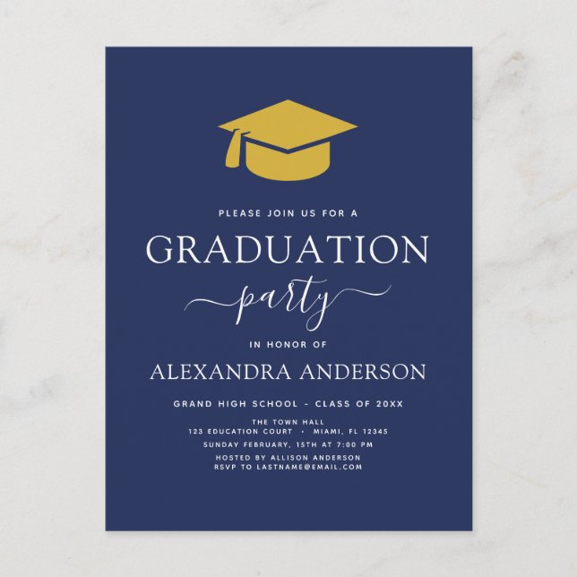 2022 Graduation Party Navy Blue Gold Elegant Invit Postkarte (Vorderseite)