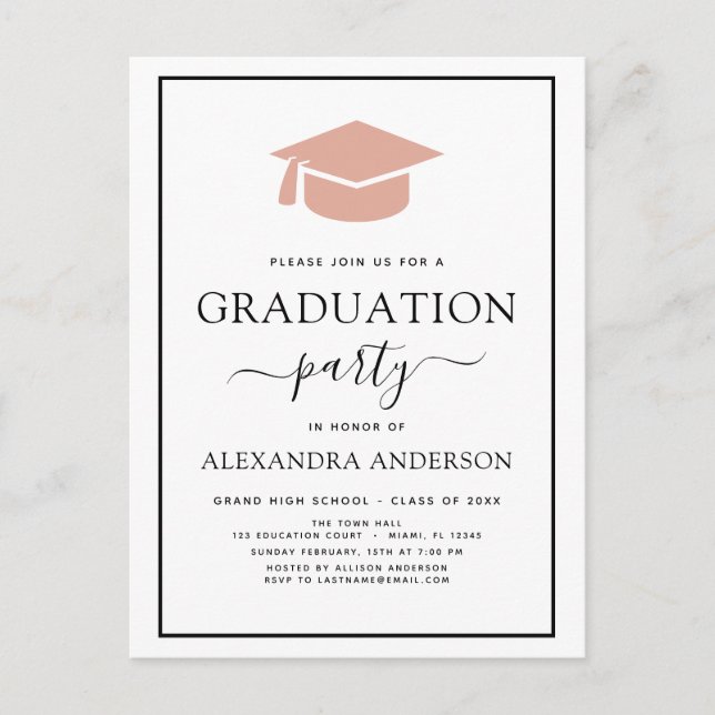 2022 Graduation Party Rosa Elegant Schwarz-weiß In Postkarte (Vorderseite)