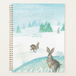 2022 Kaninchen sitzen und im Schnee springen Planer