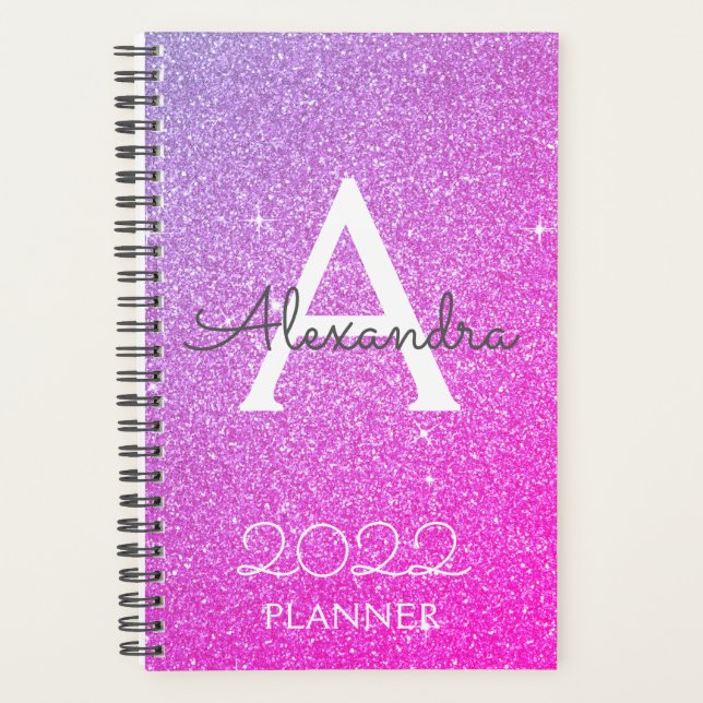 2022 Lila-Rosa-Glitzer-Sparkle-Monogramm Planer (Vorderseite)