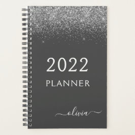 2022 Monogramm-Name für den Silbergrauen Girly-Gli Planer