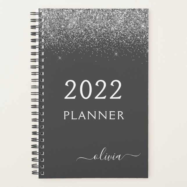 2022 Monogramm-Name für den Silbergrauen Girly-Gli Planer (Vorderseite)
