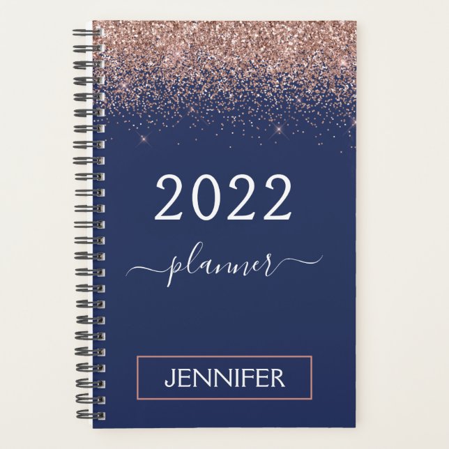 2022 Navy Blue Monogram Glitzer Pink Rose Gold Planer (Vorderseite)