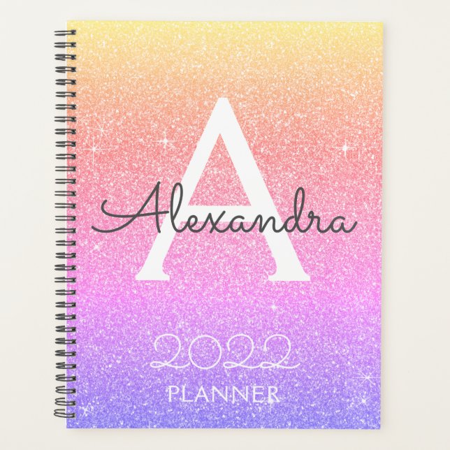 2022 Rainbow Pastel Glitzer Sparkle Monogram Planer (Vorderseite)
