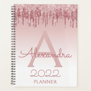 2022 Rose Gold Blush Pink Glitzer Sparkle Monogram Planer
