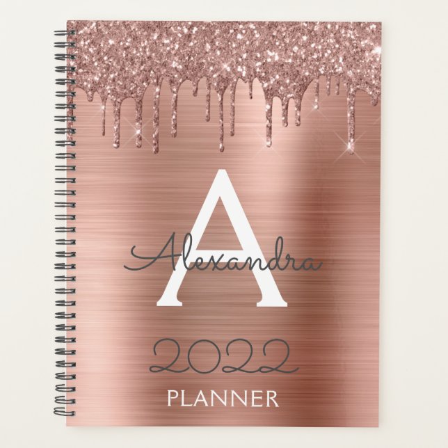 2022 Rose Gold Blush Pink Glitzer Sparkle Monogram Planer (Vorderseite)