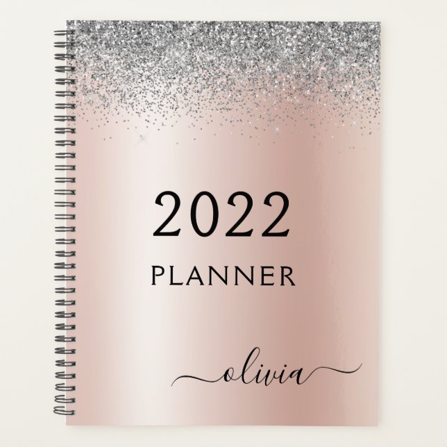 2022 Rose Gold Pink Silver Glitzer Monogram Planer (Vorderseite)