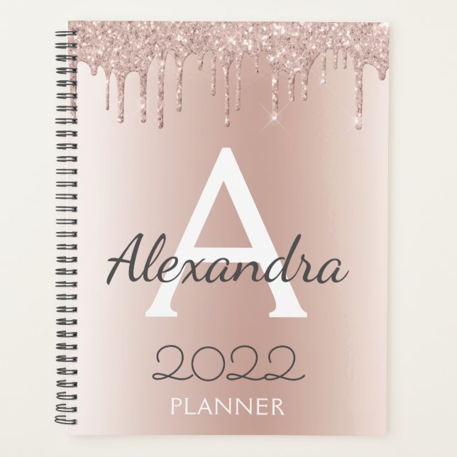 2022 Rose Gold - Rosa Girly Glitzer Monogram Planer (Vorderseite)
