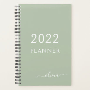 2022 Sage Green Girly Script Monogram Name Planner Planer