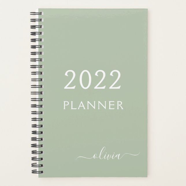 2022 Sage Green Girly Script Monogram Name Planner Planer (Vorderseite)