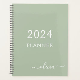 2022 Sage Green Script Monogram Name Modern Planer