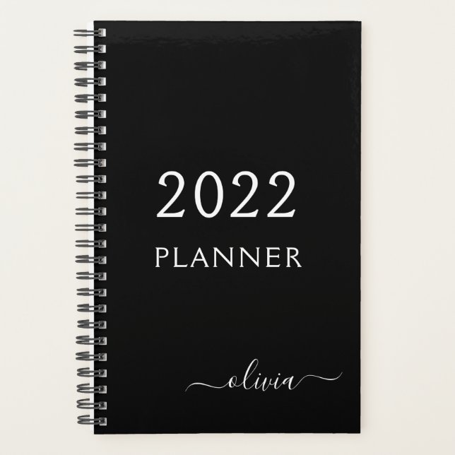 2022 Schwarz Weiß Mädchenname Schriftzug Monogramm Planer (Vorderseite)