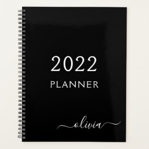 2022 Schwarz-weißer Name der Girly Script Monogram Planer
