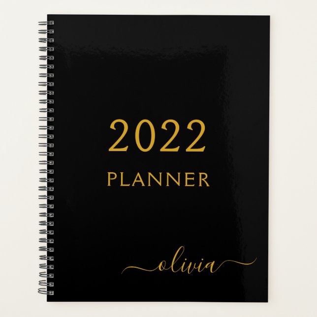 2022 Schwarzes Gold Mädchenname Skript Monogramm M Planer (Vorderseite)