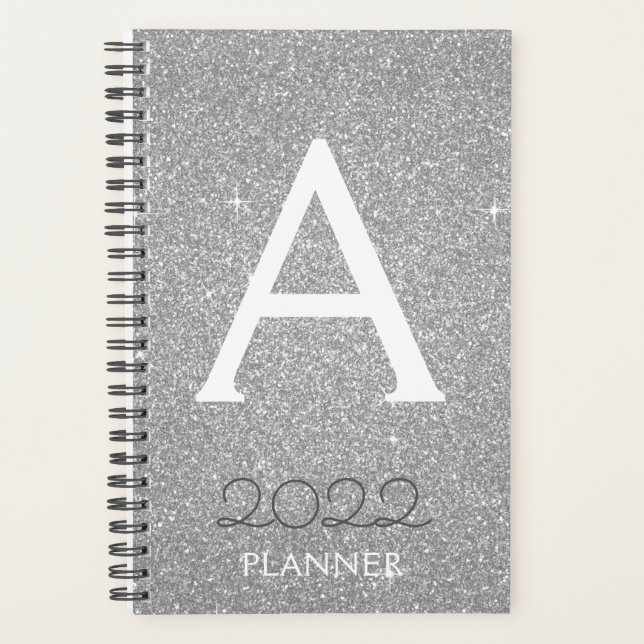 2022 Silber Glitter Glanz Monogramm Planer (Vorderseite)
