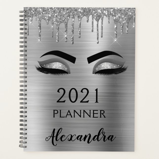 2022 Silber Glitter Glanz Wimpern Glam Planer (Vorderseite)