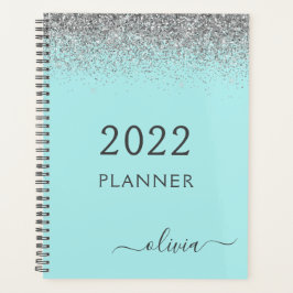 2022 Silver Aqua Blue Aquamarin Glitzer Monogram Planer