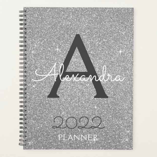 2022 Silver Glitzer Sparkle Monogram Planer (Vorderseite)