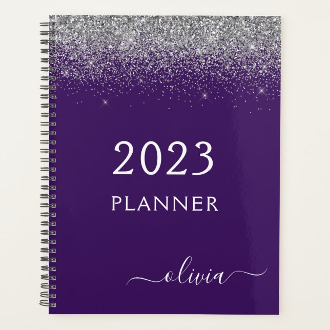 2022 Silver Lila Glitzer Sparkle Monogram Planer (Vorderseite)