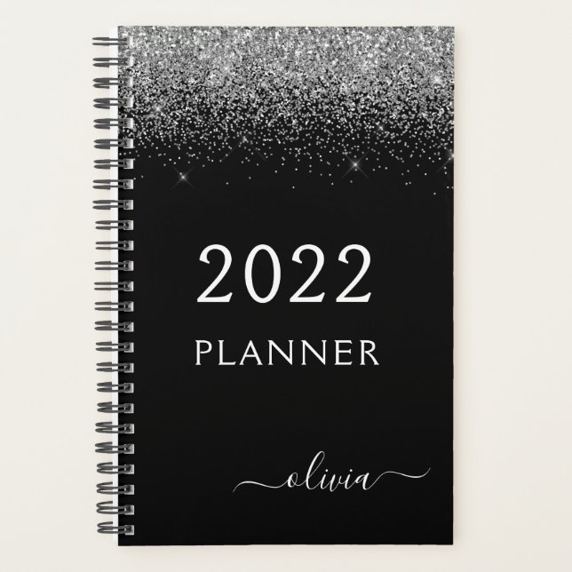 2022 Sparkle-Glam-Monogramm für den Silberschwarze Planer (Vorderseite)