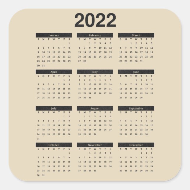 2022 Zwölfmonatiger Kalender Quadratischer Aufkleber (Vorderseite)
