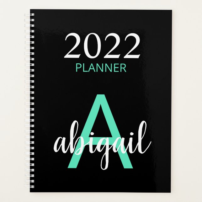 2023 Aquamarin Black Simple Modern Monogram Name Planer (Vorderseite)