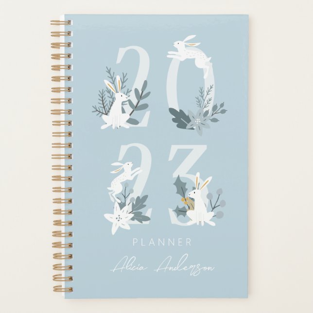 2023 Blue Winter Floral & Foliage Bunny Planner Planer (Vorderseite)