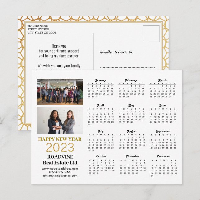2023 Business Foto Moderner Goldskriptkalender Postkarte (Vorne/Hinten)