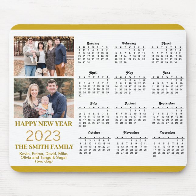 2023 Calendar Gold Script Einfache Familie Foto Mo Mousepad (Vorne)