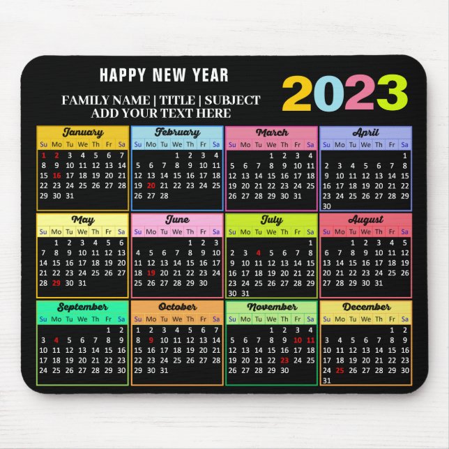 2023 Calendar Modern Custom White on Black Mousepad (Vorne)