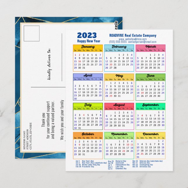 2023 Calendar Modern Geometric Blue Business Postkarte (Vorne/Hinten)