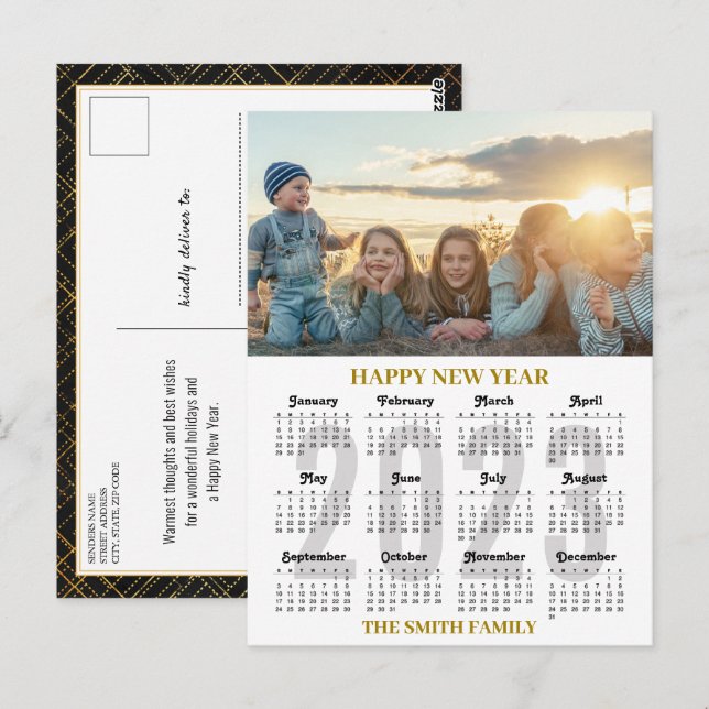 2023 Calendar Modernes Foto mit Golden und Schwarz Postkarte (Vorne/Hinten)