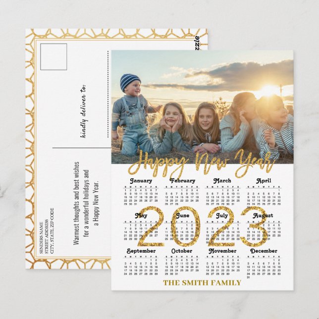 2023 Calendar Modernes Gold Glitzer Script Foto Postkarte (Vorne/Hinten)