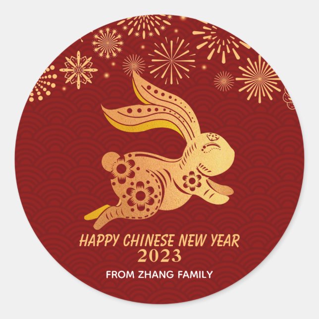 2023 Chinesisches Neujahr Papier-Schnitt Zodiac Ra Runder Aufkleber (Vorderseite)